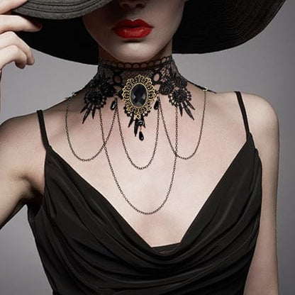 AILUOR Punk Rock Wedding Party Handmade Black Lace Choker, Gothic Retro Lolita Beads Chain Vampire Pendant Necklace for Women Halloween - color: Black-C