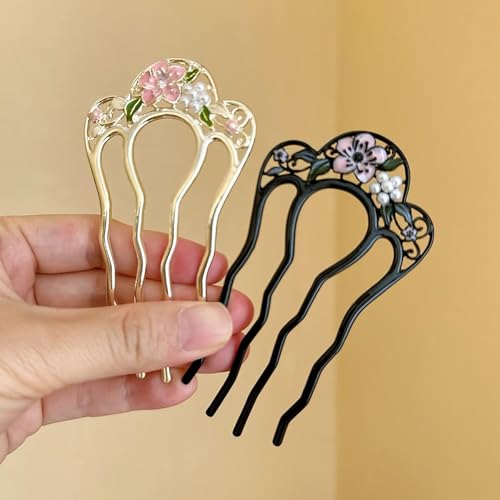 2 Pack Flower Pattern U Shaped Hair Pins for Buns Creative 4 Prong Hair Updo Hair Sticks Metal Teeth Hair Fork Clips Attractive Hair Accessories (Multi-Color)
