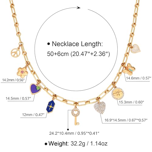 Charm Necklace for Women Gold Evil Eye Sun Moon Flower Coin Pendant Necklace Dainty Paperclip Chain Vintage Luck Amulet Choker Necklaces Celestial Jewelry Gift - style: 9 Charms- Key, Peace, Heart