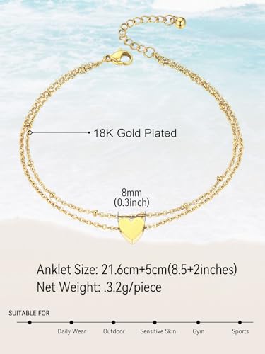 FaithHeart Waterproof Ankle Bracelets for Women, 1/2/3Pcs Non Tarnish Stainless Steel Layered Anklet Set Paperclip Figaro Cuban Link Chain Dainty Summer Beach Jewelry Gift Adjustable Size - style: b.Heart - Gold