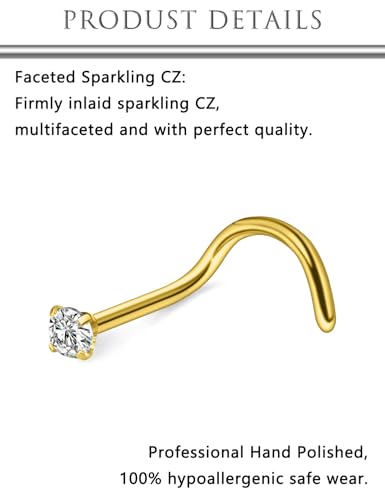 Hoeudjo Nose Studs Surgical Steel Cubic Zirconia Nose Rings Kit for Women Men Tiny Nose Stud Bone & Screw & L Shaped Nostril Piercing Jewelry 24/22/20/18 Gauge 10 Pieces - color: gold-tone,screw nose studs, size: 18g/2mm clear CZ