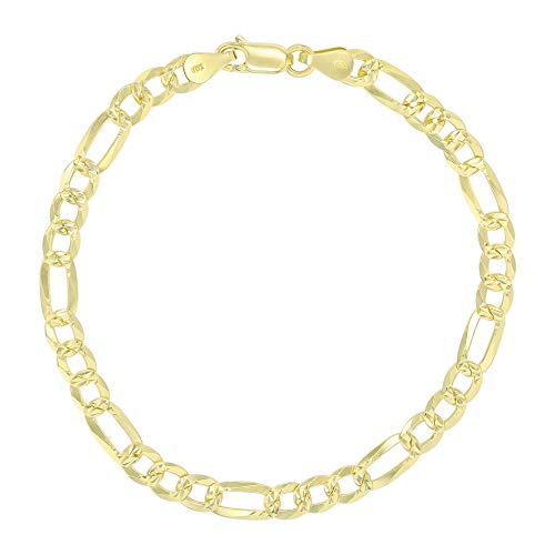 14K Gold or Rhodium Plated Silver Figaro Diamond Cut Pave Chain For Men | 1mm-13mm Thick | Solid 925 Figaro Italian Necklaces For Men - style: 5.50MM- Yellow