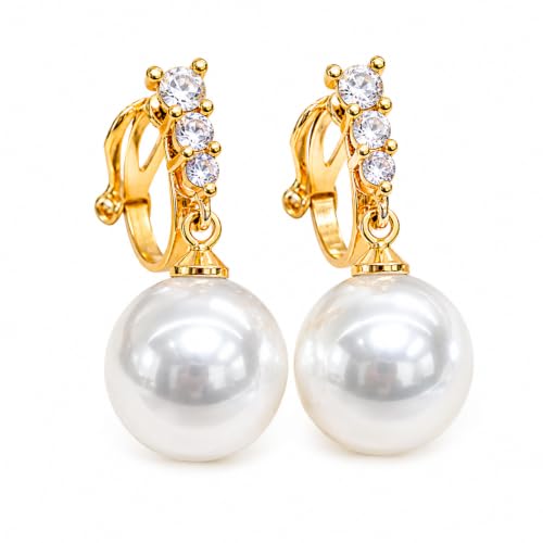 Pearl Clip on Earrings for Women - 14K Gold Silver Plated Cubic Zirconia Non Pierced Ear Clips Jewelry Gifts for Wedding Bridal Party Gifts - color: Gold-1 line CZ