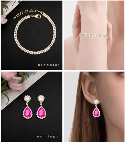 Elegant Silver Crystal Wedding Necklace Earrings Bracelet Jewelry Set for Women Brides Bridesmaids Prom Party Costume Accessory Bridal Jewelry - color: gold tone-hot pink