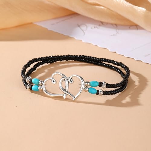 Ankle Bracelets for Women Waterproof Elastic Anklets | Boho Layered Beaded Ankle Bracelet Double Heart Colorful Anklet Summer Beach Jewelry Accessories - style: Black Style