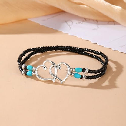 Ankle Bracelets for Women Waterproof Elastic Anklets | Boho Layered Beaded Ankle Bracelet Double Heart Colorful Anklet Summer Beach Jewelry Accessories - style: Black Style