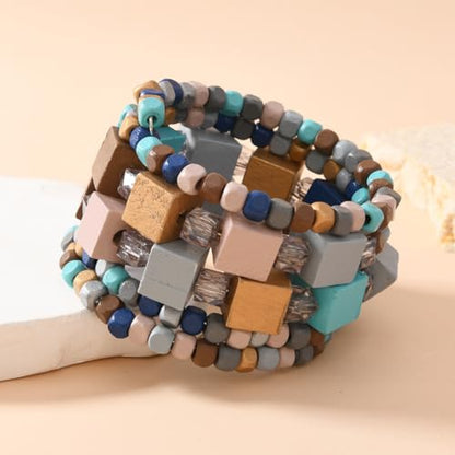 Bohemian Multicolor Natural Wooden Beads Woven Stretch Bracelets Retro Thick Coconut Shell Wood Beaded Elastic Wristband Bracelet Wide Chunky Ethnic Bangles for Women Holiday Jewelry Gifts - style: StyleK