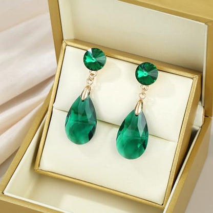 Round and Teardrop Crystal Stud Dangle Earrings Hypoallergenic Gold Plated Birthstone Drop Earrings Trendy Evening Prom Pageant Jewelry Gift for Women - color: emerald green
