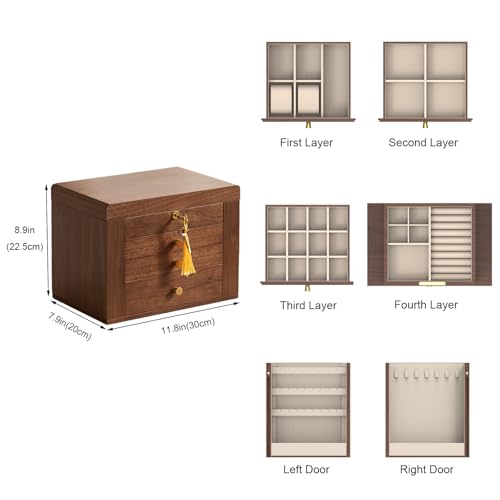 CHOSIN Black Walnut Wooden Jewelry Box for Women with Lock, Mirror, 4 Layer | Lockable wity Key, 3 Drawers, 2 Side Doors, Large Capacity for Necklaces, Earrings, Rings, Watches, Brooches, Women Gifts - size: 4 Layer - Full Lock