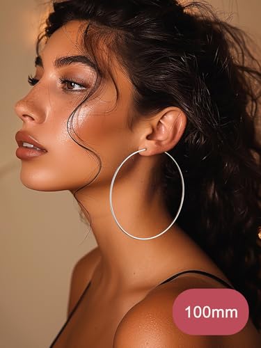 FOCALOOK 14K Gold Plated Lightweight Large Hoops| 2mm Thin Hoop Earrings for Women 30/40/50/70/100mm - color: 01.Silver, size: 100mm