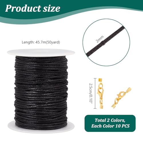 PH PandaHall Waxed Cord with Jewelry Clasp Kit, 50 Yards 2mm Black Waxed Cotton Threads with Lobster Claw Clasps Fold Over Cord Ends Wax Cord Beading String for DIY Bracelet Necklaces Jewelry Making