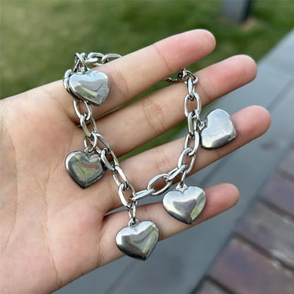 Stainless Steel Heart Charms Bracelet for Women | Chain Tassel, Love Charms, Chunky Link, Romantic Gift - color: Silver