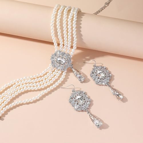 Missgrace Women Silver Black Green Red Rhinestone Crystal Tassels Bridal Necklace Earrings Sets Teardrop Necklace Dangle Earrings Set for Wedding Brides Bridesmaid - color: Silver
