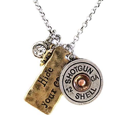 Western Peak Hammered Plate Hide Your Crazy Act Like a Lady 12 Gauge Shotgun Shell Leather Cuff Bracelet Necklace - color: Charms Necklace