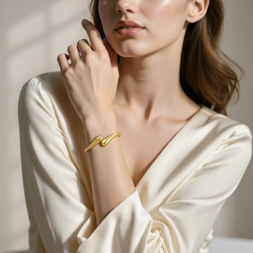 Emibele Gold Bangles for Women, 2PCS Irregular Chunky Gold Bracelet Hinged Open Bangle Bracelets for Women, Fashion Wide Arm Cuff Minimalist Chunky Jewelry Gifts for Valentine Christmas Birthday - style: M Gold