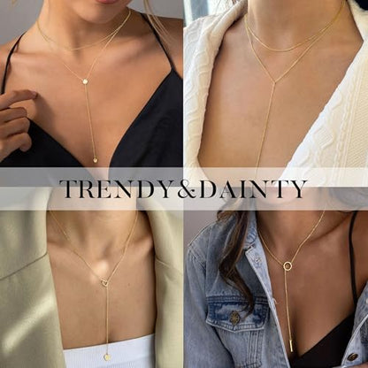 Yoosteel Long 14K-Gold-Plated Necklace for Women,Layered Lariat Necklaces | Dainty Y Drop Necklaces, Western Necklace Stack,Simple Bar Heart Circle Pendant,Prom Choker Chain Jewelry,Trendy Gifts - color: Layered Disc Y-Shaped Necklace