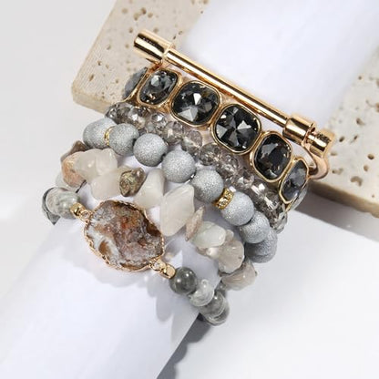 Yomisa Boho Beaded Bracelets/Bangle for Women,Multilayer 5/6/7PCS Healing Natural Handmade Stone Bead Bracelets Stackable Stretch Friendship Beaded Bracelet Set Trendy Western Bohemian Jewelry Gift - color: 6pcs-Gray&silver