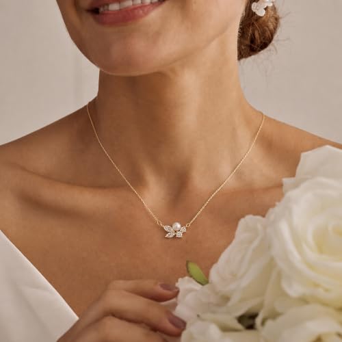 Pearl Necklaces for Women 14k Gold/White Gold Plated CZ Diamond | Dainty Cubic Zirconia Necklace, Bridal Bridesmaids Wedding Jewelry Gifts - color: Gold CZ Round Pearl