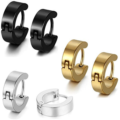Aroncent Stainless Steel Hoop Earrings: 3-8 Pairs Men Small Hoop Huggie Hinged Earrings Set for Men Women 4mm Valentine Day Gifts - color: B-3PCS-Black+Silver+Gold