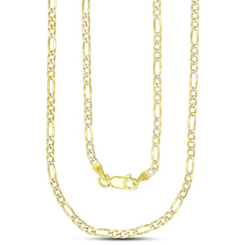 14K Gold or Rhodium Plated Silver Figaro Diamond Cut Pave Chain For Men | 1mm-13mm Thick | Solid 925 Figaro Italian Necklaces For Men - style: 2.60MM- Yellow & White