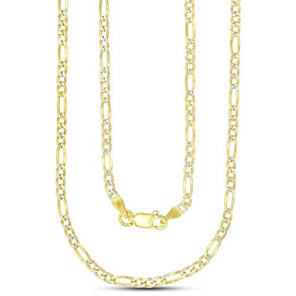 14K Gold or Rhodium Plated Silver Figaro Diamond Cut Pave Chain For Men | 1mm-13mm Thick | Solid 925 Figaro Italian Necklaces For Men - style: 2.60MM- Yellow & White