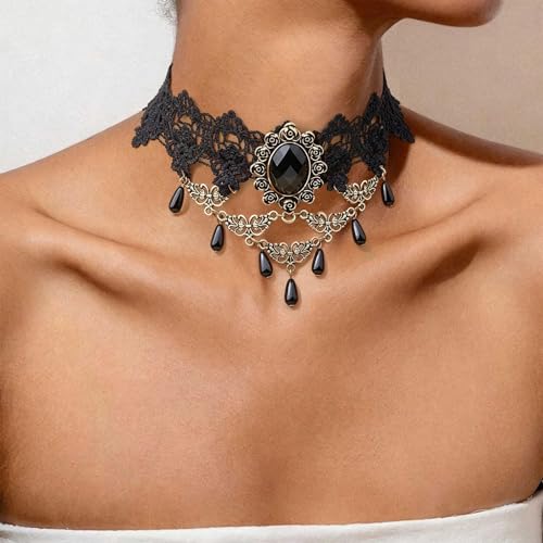 Black Necklaces for Women,Adjustable Layered Collar,Goth Jewelry - color: Gem
