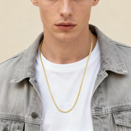 Eusense Stainless Steel Chain Necklace for Men Women Rolo/Wheat/Snake/Box Chain, 2-3MM, 20-24 Inches with Delicate Gift Box - color: 14K Gold-Plated, size: 22+2 Inches Length, style: Rolo Chain-3MM Width