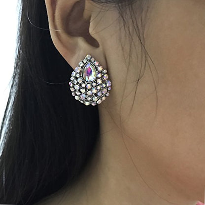 SELOVO Rhinestone Teardrop Big Stud Earrings Clip On Earrings - color: clear AB