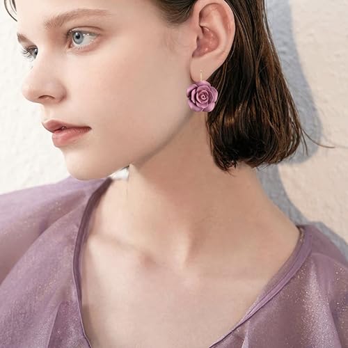 Handmade Bohemian Aesthetic Dainty Acrylic Flower Petal Leverback Earrings Sparkly 14K Gold Floral Dangle Drop Earrings for Women - color: Dark Purple