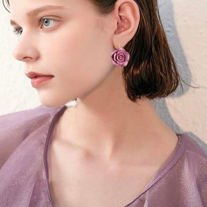 Handmade Bohemian Aesthetic Dainty Acrylic Flower Petal Leverback Earrings Sparkly 14K Gold Floral Dangle Drop Earrings for Women - color: Dark Purple