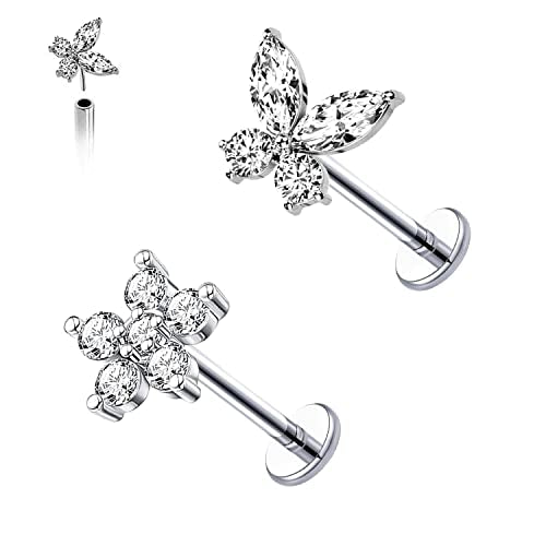 VERAMI 16G Surgical Steel Pushin Lip Rings Butterfly Flower Bee Nose Stud Rings Top Push in Threadless Flat Back Nose Rings Studs Cartilage Earrings for Womens - color: STYLE-01