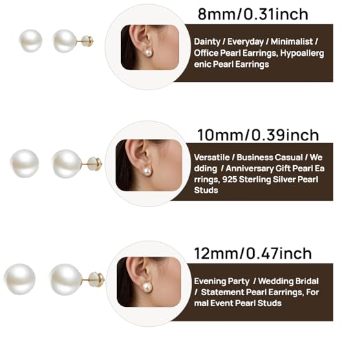 Big Pearl Stud Earrings:Hypoallergenic 14k Gold Plated Sterling Silver Post Stud Earrings Large Size Simulated Round Pearl Earrings Set for Women 8mm/10mm/12mm - High Luster Tarnish Resistant Wedding Daily Jewelry 3 Pairs