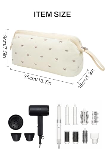TeeYee Nylon Hair Tools Travel Bag for Dyson Airwrap Quilted Toiletry Bag | Travel Storage Bag for Shark Flexstyle/Curling Iron,Water-repellent,Wide-open,Well-structured,Heat-safe lining,001beigebow - color: Beigebow