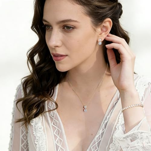 3-Piece Cubic Zirconia Wedding Jewelry Set for Women Bride Bridesmaid Gift | Hypoallergenic, Earrings Necklace Adjustable Bracelet for Prom Formal Parties - color: 14K Gold