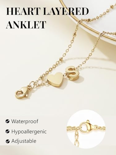 Silvora Ankle Bracelets for Women Waterproof 14K Gold/Silver/Black Initial Anklet for Women Dainty Layered Heart Ankle Bracelets Stainless Steel Adjustable Foot Chain Anklet Summer Beach Jewelry - color: L-Gold
