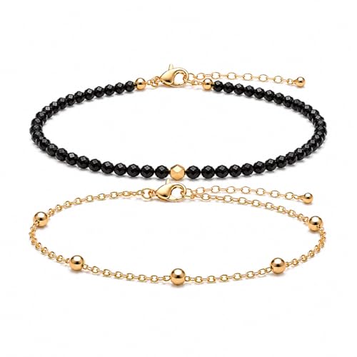 2Pcs Beaded Anklets for Women, Natural Stone Bead Ankle Bracelets with 14K Gold Plated Chain, Waterproof Adjustable Layered Anklet Set, Boho Beach Summer Jewelry Gift - color: Black Tourmaline