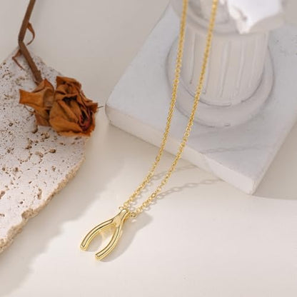 Gold Silver Pendant Necklace for Women, Dainty CZ Jewelry Gift | 14K Gold Silver Plated, Cubic Zirconia Pearl Charm, Trendy Layered Necklace, Adjustable Chain, Waterproof, Hypoallergenic - color: Gold-Wishbone