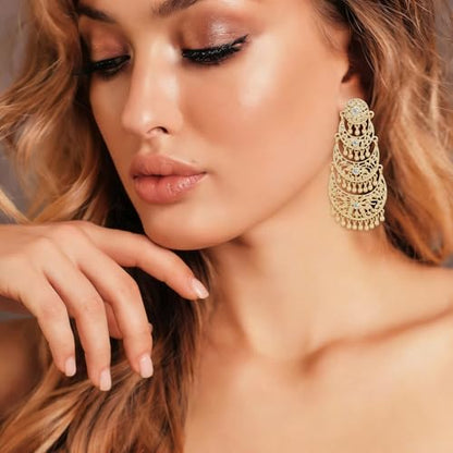 Bohemian Gold Long Tassel Dangle Drop Earrings, Beaded Chandelier Earrings for Women Extra Long Earring Party Wedding Wear Holiday Jewelry Accessories Gifts