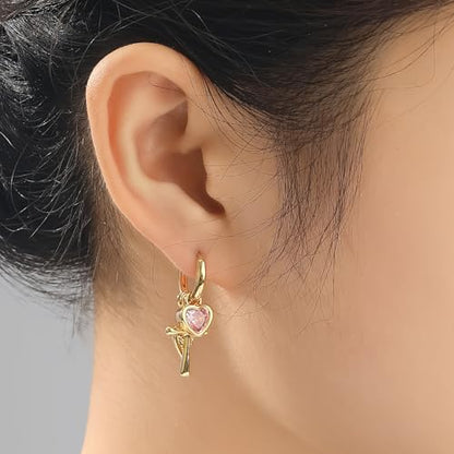 Dangle Gold Charm Earrings for Women 14K Gold Plated Bow Cherry Rose Zirconia Dragonfly Love Heart Wing Cross Pearl Conch Seashell Huggie Hoop Earring Drop Cross Trendy Party Jewelry Gifts for Women - style: Cross and Wing