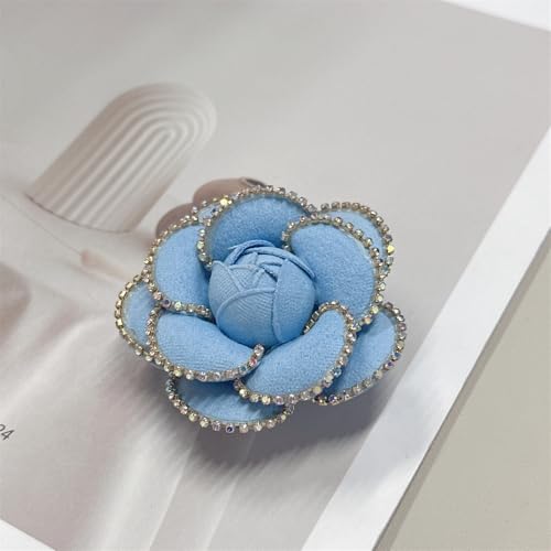 Dainty Crystal Camellia Flower Brooch Pin for Women Rhinestone Fabric 3D Floral Blossom Brooches Lapel Hair Pins Elegant Wedding Anniversary Dress Accessories Jewelry Gift 6.5cm/2.5in - color: Blue