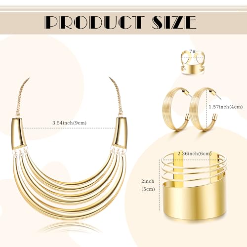 JOERICA Bib Choker Necklace Silver Gold Jewelry Set Wide Cuff Bangle Bracelet Open Hoop Earrings Adjustable Ring Chunky Silver Gold Statement Costume Jewelry Set for Women - color: Gold Tone