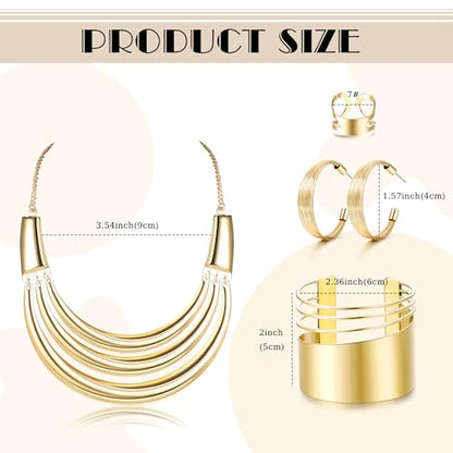 JOERICA Bib Choker Necklace Silver Gold Jewelry Set Wide Cuff Bangle Bracelet Open Hoop Earrings Adjustable Ring Chunky Silver Gold Statement Costume Jewelry Set for Women - color: Gold Tone