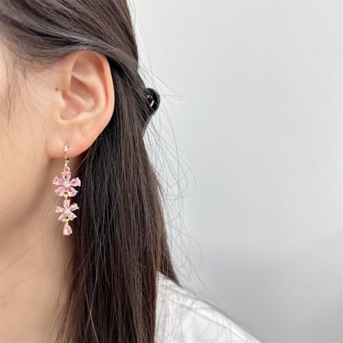 Cute Pink CZ Flower Dangle Drop Hoop Earrings for Women Dainty Elegant Gold Plated Crystal Floral Teardrop Tassel Statement Dangling Hypoallergenic Lightweight Fashion Trendy Jewelry for Her Bff