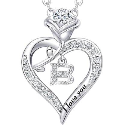 Rose Heart Pendant Necklace Gifts for Wife, Engraved 'I love you' Gift for Wife Girlfriend, Anniversary Birthday Eternity Jewelry Present for Women, Moissanite Necklace Gift for Her - style: B