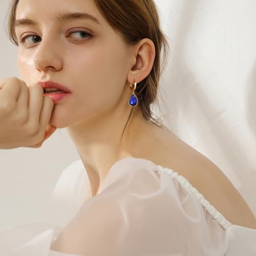 Crystals Teardrop Dangle Drop Earrings, 18K Gold Plated Hoop Earrings Zirconia Jewelry for Women Gifts - color: Navy blue