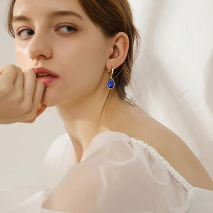 Crystals Teardrop Dangle Drop Earrings, 18K Gold Plated Hoop Earrings Zirconia Jewelry for Women Gifts - color: Navy blue