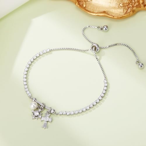 FANZE Gold Plated Cubic Zirconia Tennis Bracelets for Women Dainty Trendy Adjustable Bracelet Jewelry Gift for Ladies Wedding Mother Birthday Anniversary - style: Silver Charm