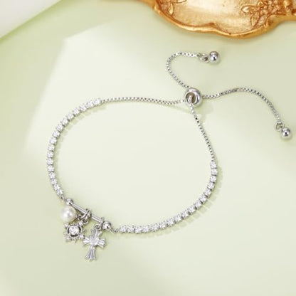 FANZE Gold Plated Cubic Zirconia Tennis Bracelets for Women Dainty Trendy Adjustable Bracelet Jewelry Gift for Ladies Wedding Mother Birthday Anniversary - style: Silver Charm