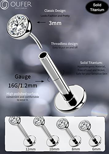 OUFER 2Pcs 20G/18G/16G G23 Titanium Threadless Nose Stud Earrings Flat Back Tiny CZ Small Nose Helix Cartilage Tragus Conch Labret Medusa Monroe Piercing Jewelry for Women Men - color: Silver, size: 2pcs, 16g 5mm, 3mm cz