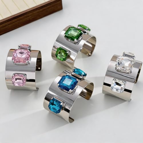 Punk Square Crystal Open Bracelet for Women Fashion Wide Cuff Bangle Bracelets Shiny Rhinestone Rectangle Charm Bangle Geometric Statement Jewelry Gifts - color: Pink